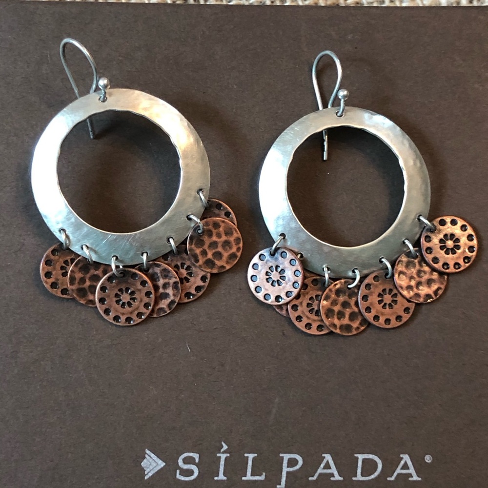RARE Silpada Sterling Silver .925 Copper Coin Cha Cha Circle Earrings Two Tone